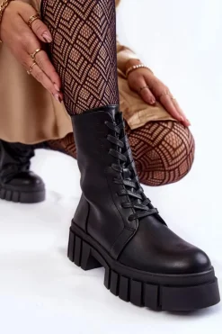 Skórzane Ocieplane Botki Na Platformie Czarne Telisa