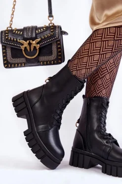 Skórzane Ocieplane Botki Na Platformie Czarne Telisa