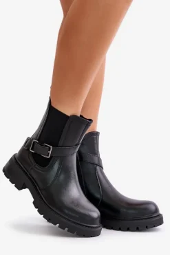 Skórzane Ocieplane Botki Sztyblety Z Paskiem Sergio Leone TR719-S Czarne