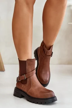 Skórzane Ocieplane Botki Sztyblety Z Paskiem Sergio Leone TR719-S Brązowe