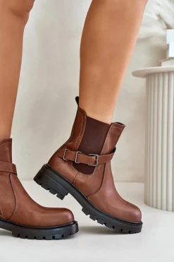 Skórzane Ocieplane Botki Sztyblety Z Paskiem Sergio Leone TR719-S Brązowe