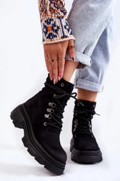 Skórzane Ocieplane Botki Sznurowane Czarne Merisha