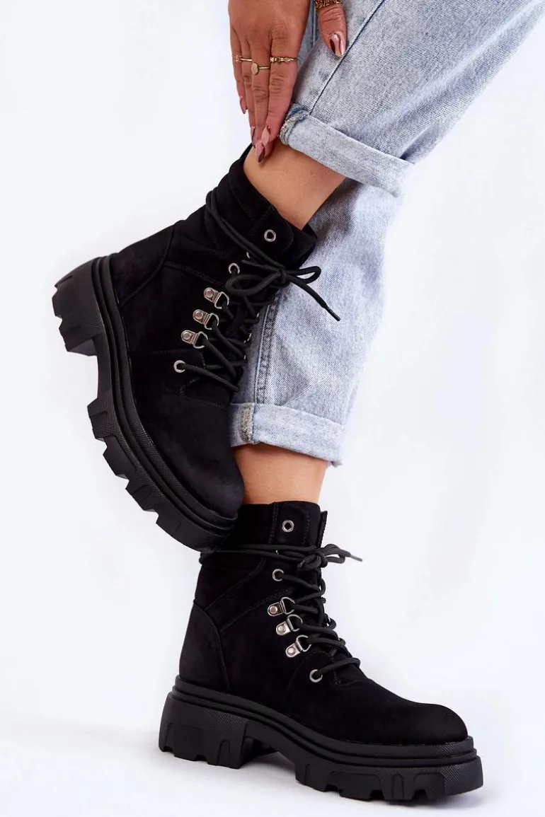 Skórzane Ocieplane Botki Sznurowane Czarne Merisha