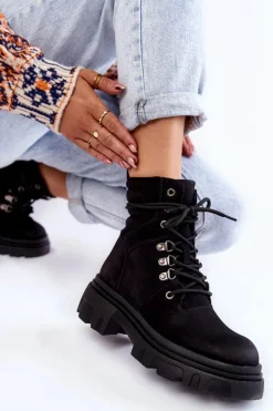 Skórzane Ocieplane Botki Sznurowane Czarne Merisha