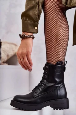 Skórzane Ocieplane Botki Sznurowane Czarne Ritta