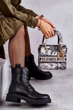 Skórzane Ocieplane Botki Sznurowane Czarne Ritta