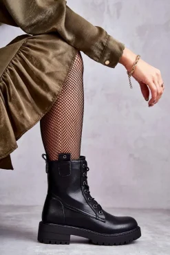 Skórzane Ocieplane Botki Sznurowane Czarne Ritta