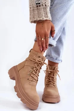 Skórzane Ocieplane Botki Sznurowane Beżowe Merisha