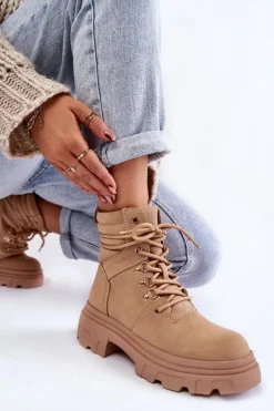 Skórzane Ocieplane Botki Sznurowane Beżowe Merisha