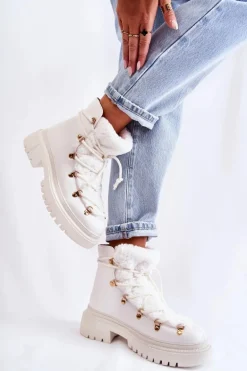 Skórzane Ocieplane Botki Trapery Białe Arisa
