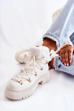 Skórzane Ocieplane Botki Trapery Białe Arisa