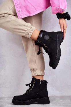 Skórzane Ocieplane Botki Trapery Czarne Felizia