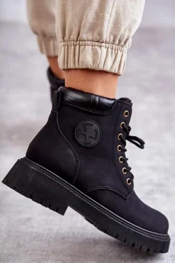 Skórzane Ocieplane Botki Trapery Czarne Felizia