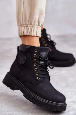 Skórzane Ocieplane Botki Trapery Czarne Felizia