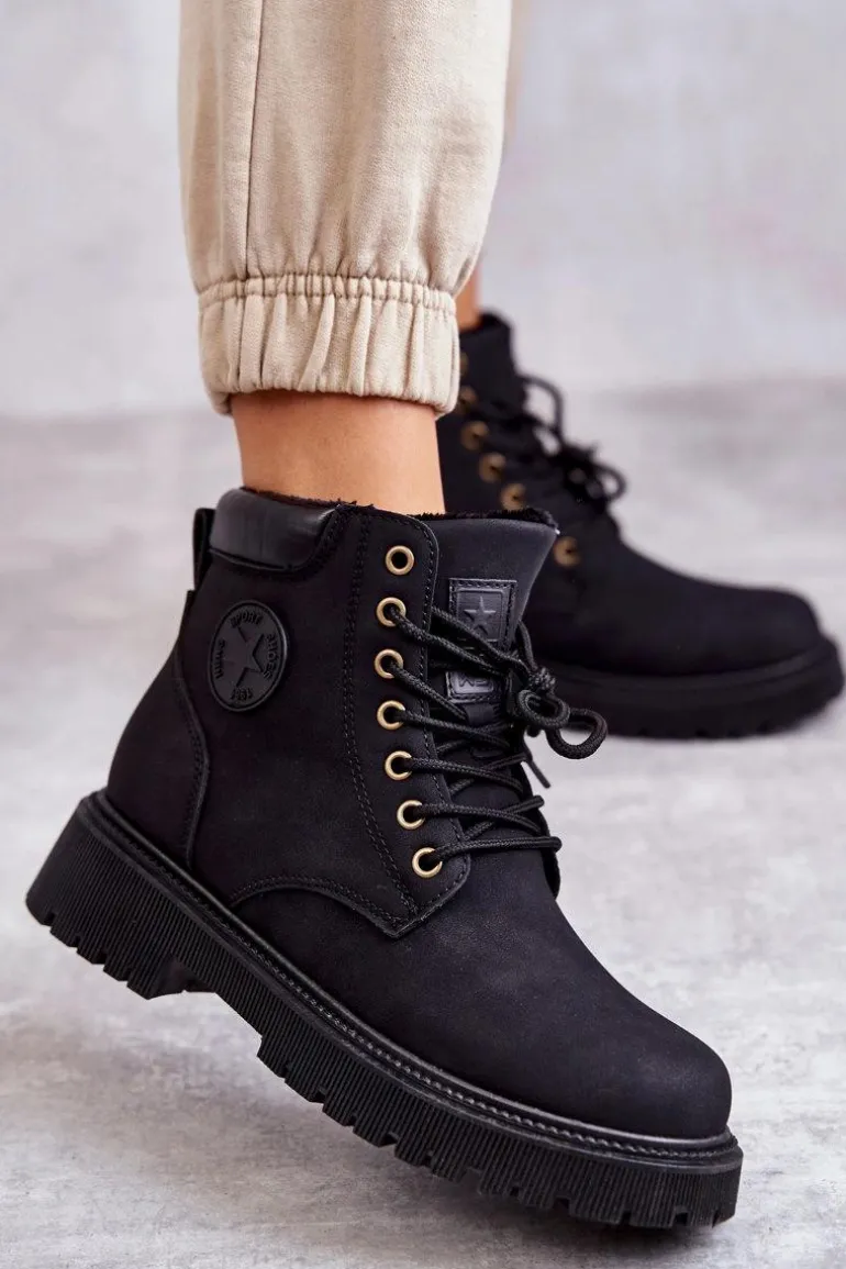 Skórzane Ocieplane Botki Trapery Czarne Felizia