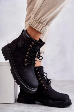 Skórzane Ocieplane Botki Trapery Czarne Felizia