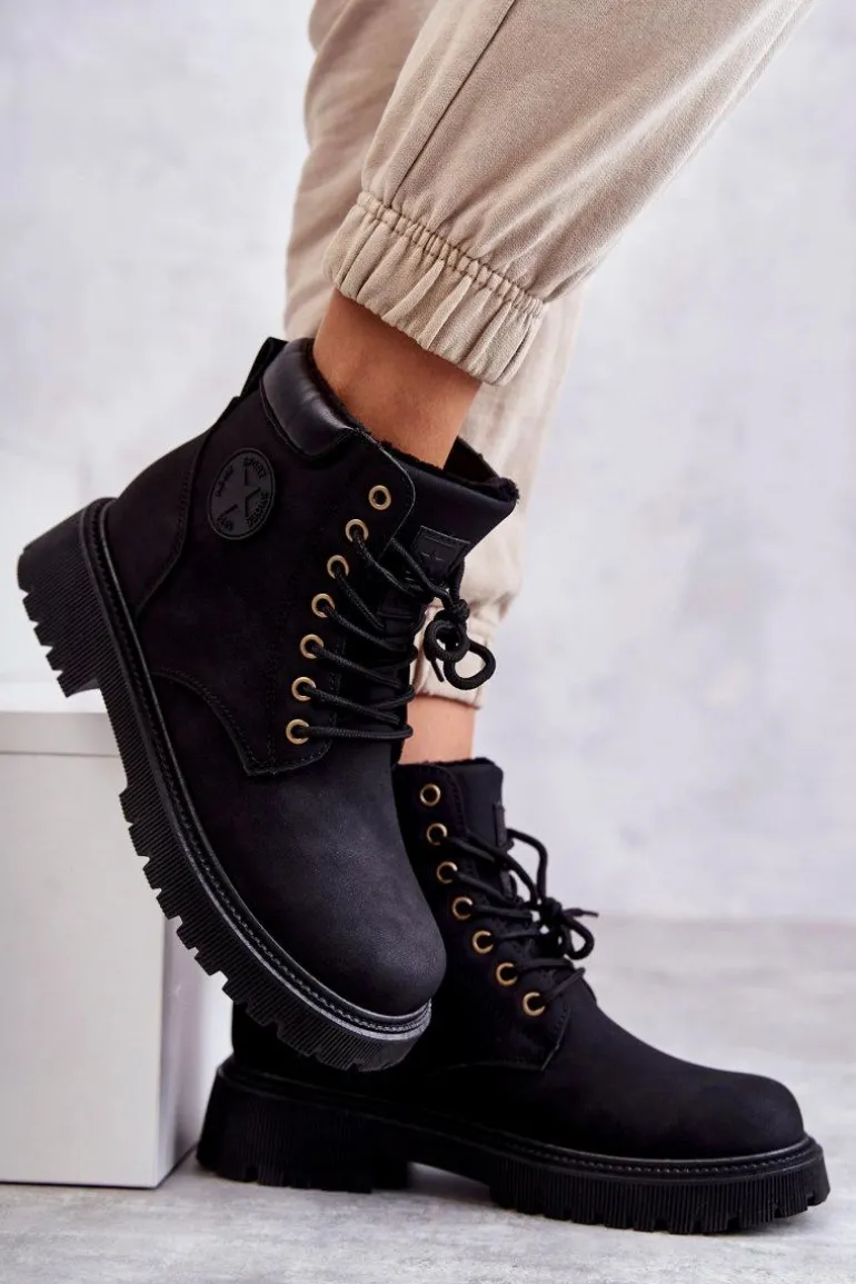 Skórzane Ocieplane Botki Trapery Czarne Felizia