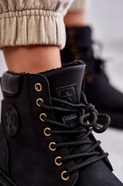 Skórzane Ocieplane Botki Trapery Czarne Felizia