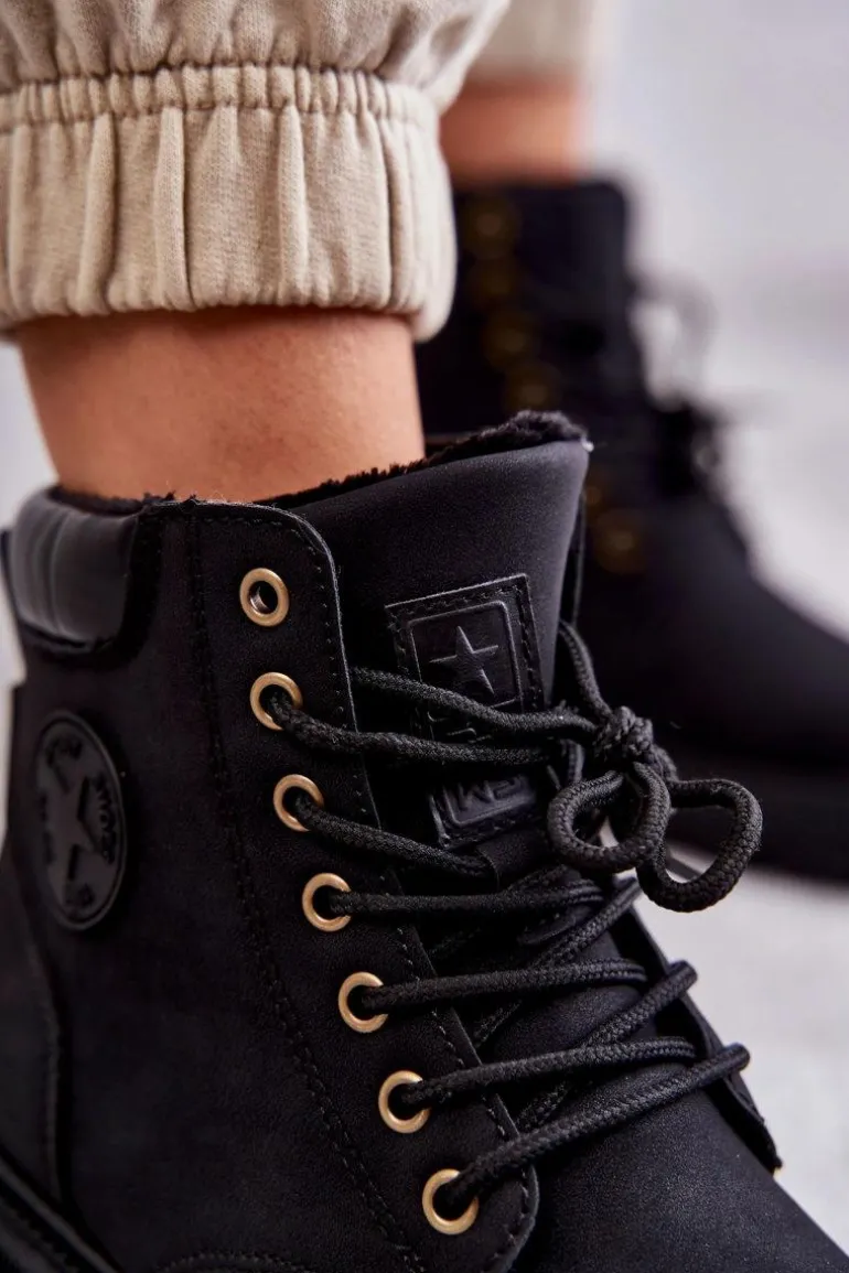 Skórzane Ocieplane Botki Trapery Czarne Felizia