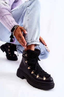 Skórzane Ocieplane Botki Trapery Czarne Arisa