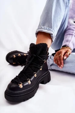 Skórzane Ocieplane Botki Trapery Czarne Arisa