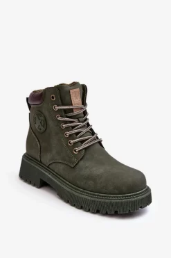 Skórzane Ocieplane Botki Trapery Ciemnozielone Felizia
