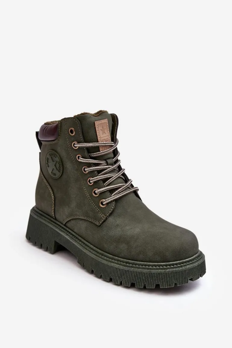 Skórzane Ocieplane Botki Trapery Ciemnozielone Felizia