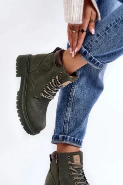 Skórzane Ocieplane Botki Trapery Ciemnozielone Felizia