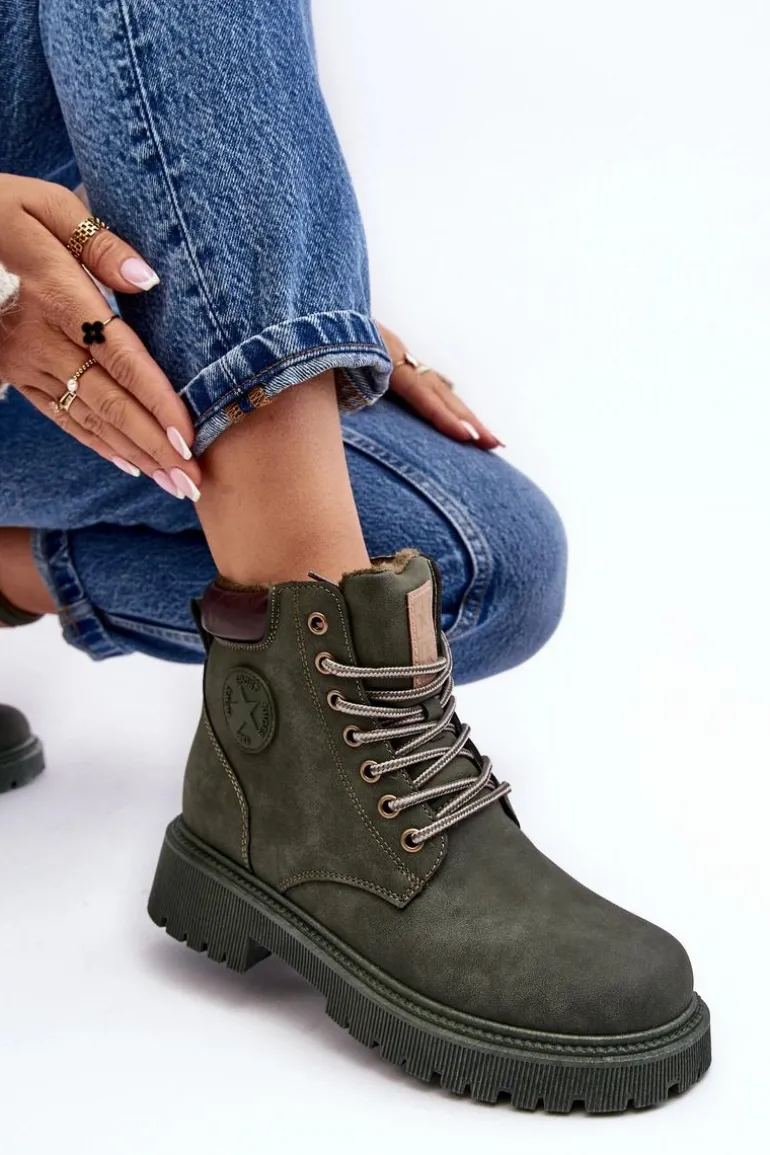 Skórzane Ocieplane Botki Trapery Ciemnozielone Felizia