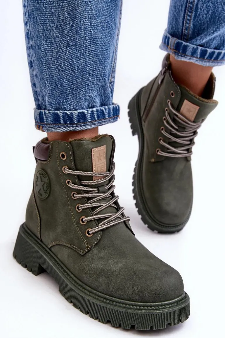 Skórzane Ocieplane Botki Trapery Ciemnozielone Felizia