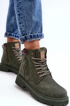 Skórzane Ocieplane Botki Trapery Ciemnozielone Felizia