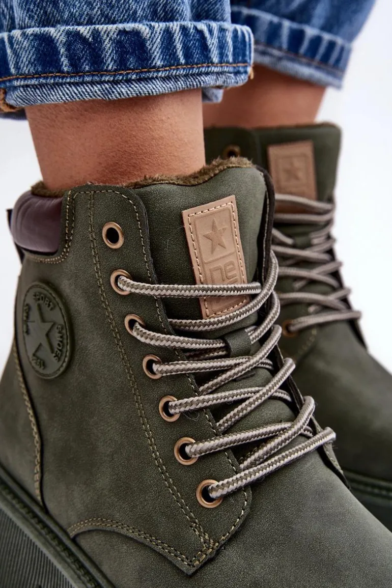 Skórzane Ocieplane Botki Trapery Ciemnozielone Felizia