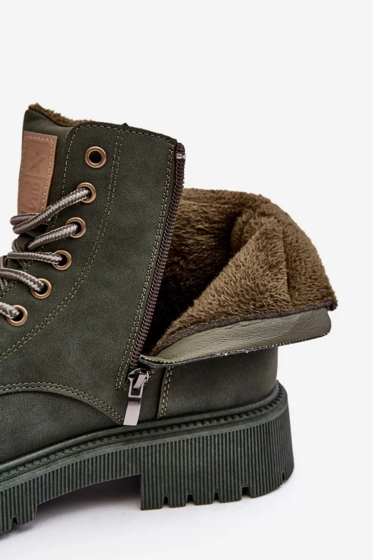 Skórzane Ocieplane Botki Trapery Ciemnozielone Felizia