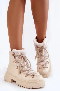 Skórzane Ocieplane Botki Trapery Jasnobeżowe Arisa