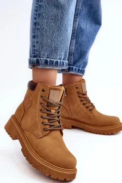 Skórzane Ocieplane Botki Trapery Camel Felizia