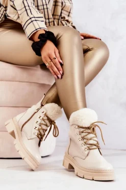 Skórzane Ocieplane Botki Trapery Beżowe Molissa