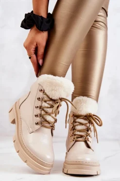 Skórzane Ocieplane Botki Trapery Beżowe Molissa