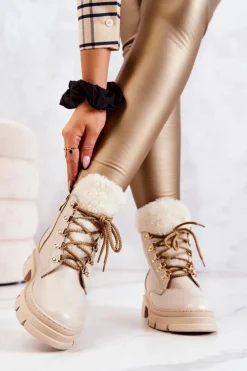 Skórzane Ocieplane Botki Trapery Beżowe Molissa