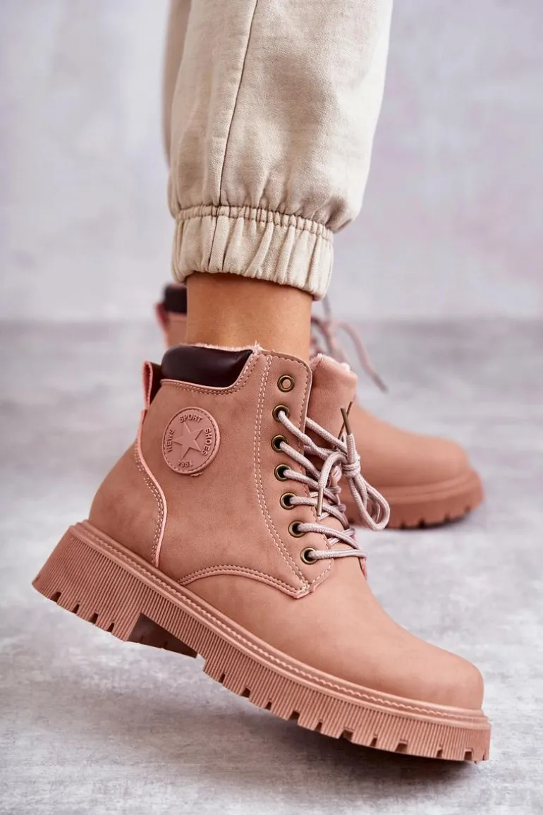 Skórzane Ocieplane Botki Trapery Różowe Felizia