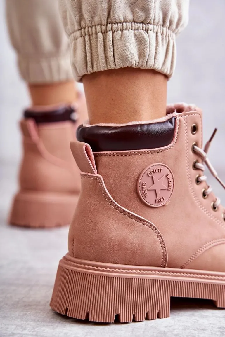 Skórzane Ocieplane Botki Trapery Różowe Felizia