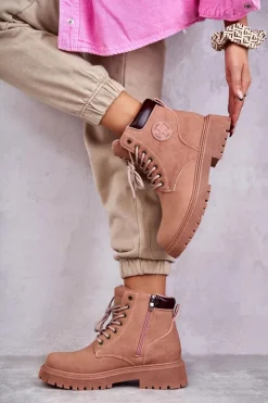 Skórzane Ocieplane Botki Trapery Różowe Felizia