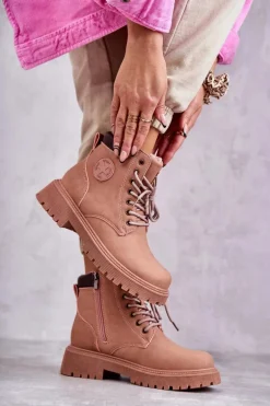 Skórzane Ocieplane Botki Trapery Różowe Felizia