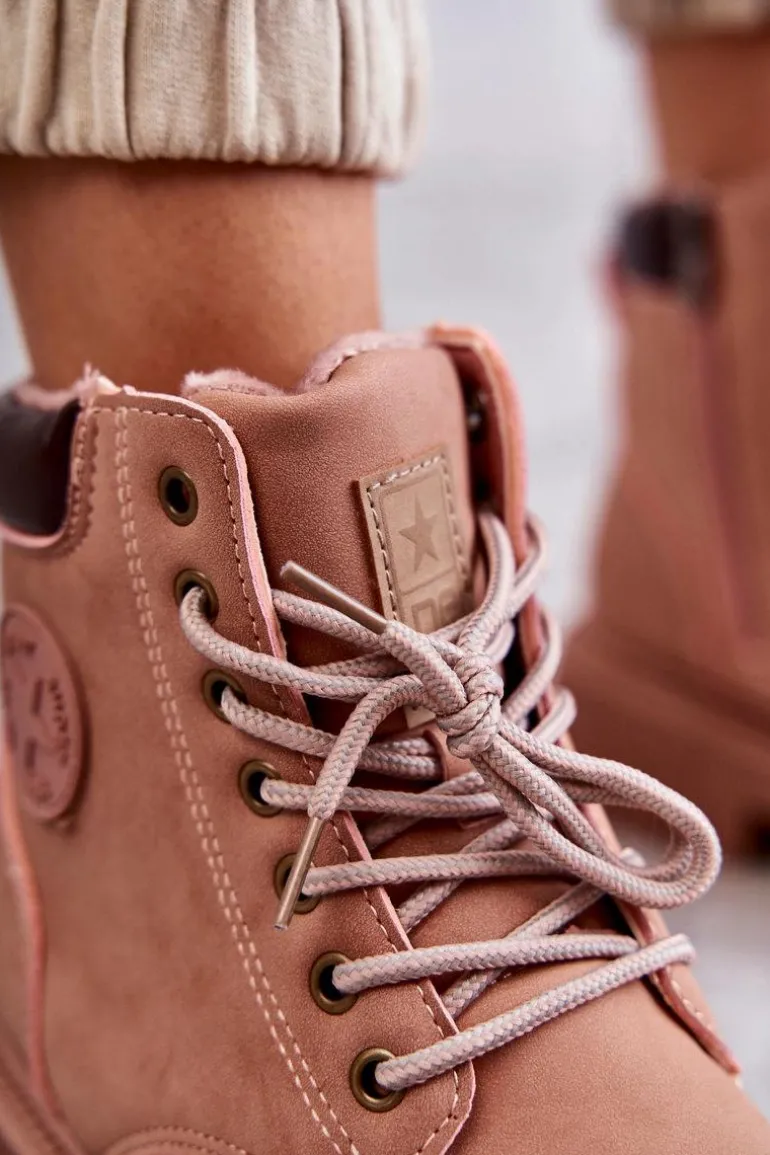 Skórzane Ocieplane Botki Trapery Różowe Felizia