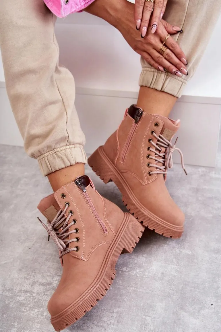 Skórzane Ocieplane Botki Trapery Różowe Felizia