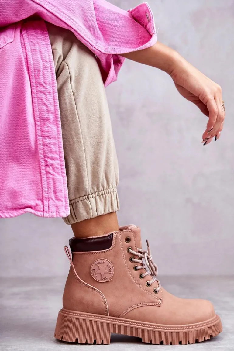 Skórzane Ocieplane Botki Trapery Różowe Felizia