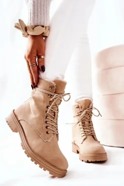 Skórzane Ocieplane Botki Workery Beżowe Kimmie