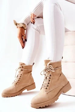 Skórzane Ocieplane Botki Workery Beżowe Kimmie