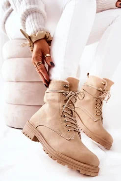 Skórzane Ocieplane Botki Workery Beżowe Kimmie