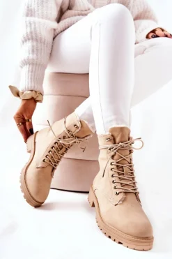 Skórzane Ocieplane Botki Workery Beżowe Kimmie