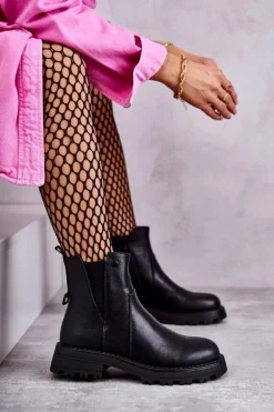 Skórzane Ocieplane Botki Workery Na Płaskim Obcasie Czarne Salome